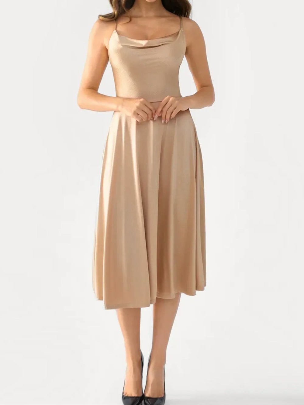 Popilush Satin Cowl Neck Midi Dress in Champagne size XXL - Picture 2 of 4